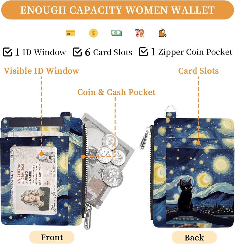 Hancynir Black Cat Slim Wallet Women Credit Card Holder, RFID Blocking Front Pocket Wallet Wristlet Keychain Lanyard, Small Cute Mini Card Case, Thin Travel Zipper Coin PU Leather Ladies Female Gifts - Image 3